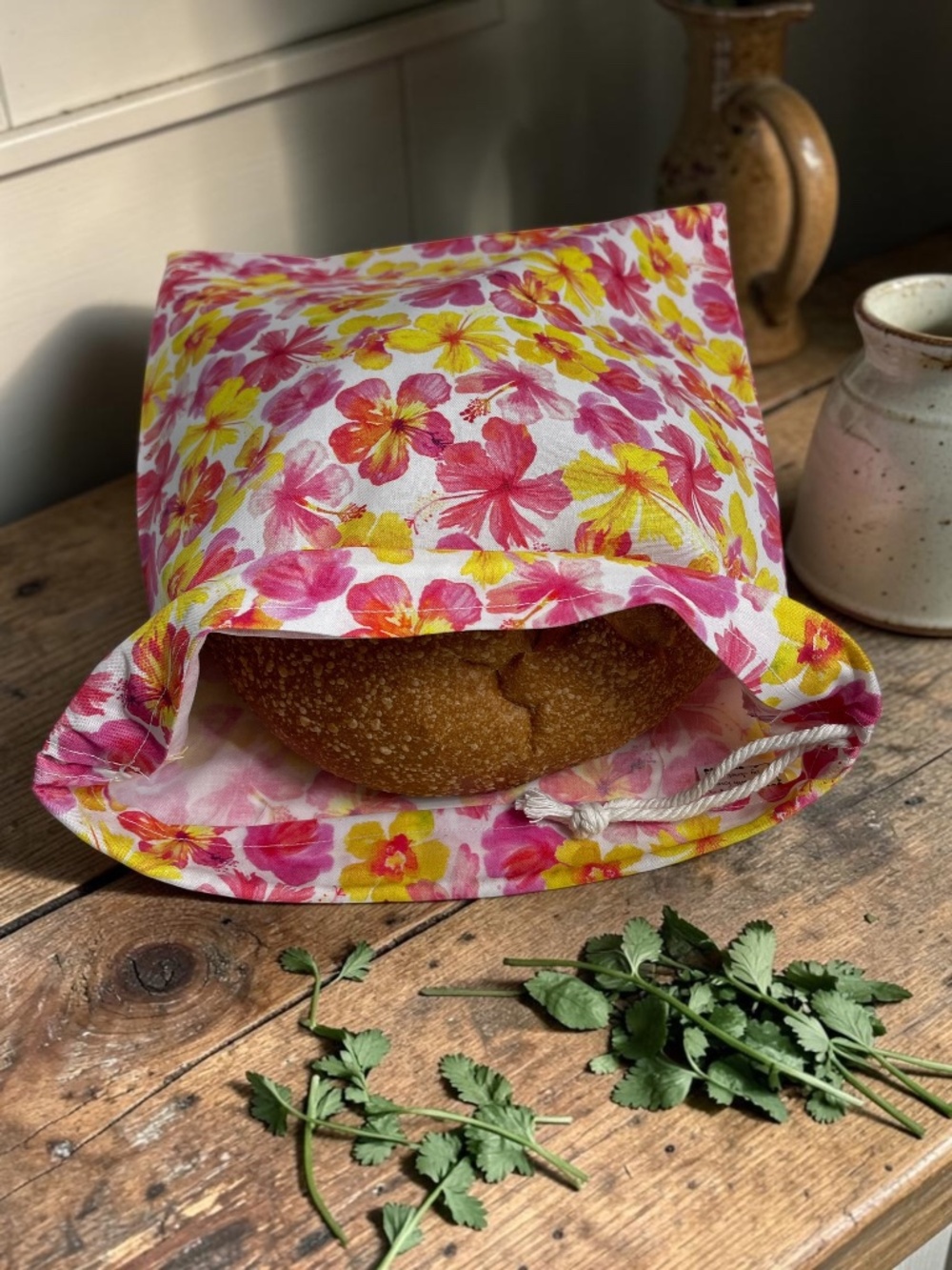 Pink & Yellow Tropical Floral Cotton Bread Bag,  Reusable Bread Storage Bag